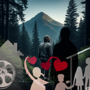 Digital collage of a man looking at a mountain landscape, combined with illustrations of family, love hearts, and cinema reel for storytelling or emotional themes