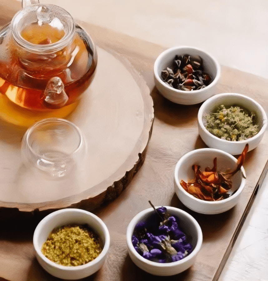Herbal tea ritual featuring a glass teapot with amber infusion and six bowls of dried botanicals—rose petals, lavender, orange peel, and green herbs—symbolizing holistic healing and natural remedies as alternatives to pharmaceutical solutions.